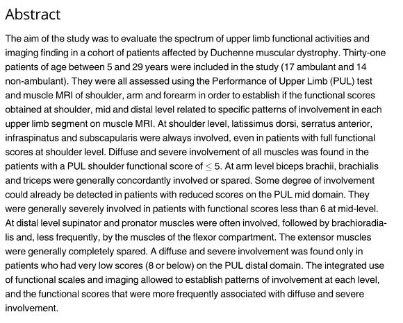 Livelli funzionali e modelli MRI di coinvolgimento muscolare negli arti superiori nella distrofia muscolare di Duchenne